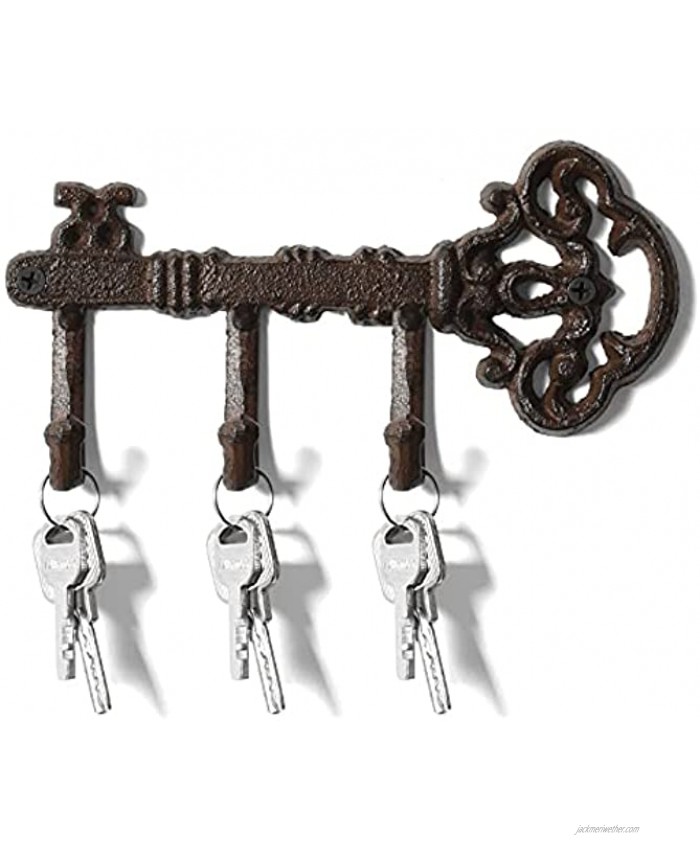 WSSROGY Cast Iron Key Holder for Wall Decorative Wall Key Holders for Home with 3 Hooks Key Hangers for Wall Antique Brown Key Rack Farmhouse Decor,8.75 X 3.5 Inches