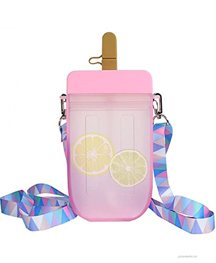 Cute Water Bottle with Straw 300 ML Creative Ice Cream Popsicle Cups with Adjustable Shoulder Strap for School Kids Girls Kawaii Leakproof BPA Free Drinking Water Bottles for Camping Sports TravelPink