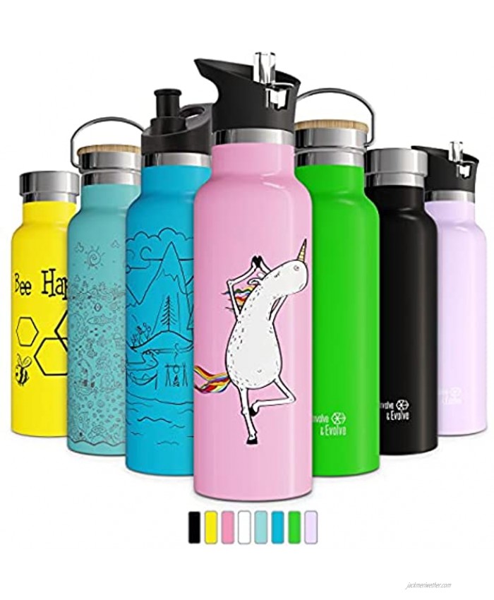 Involve & Evolve Insulated Water Bottle with 3 Lids Straw Lid Kids Reusable Double Walled Stainless Steel Flask Metal Thermos 12oz 17oz 20oz 25oz