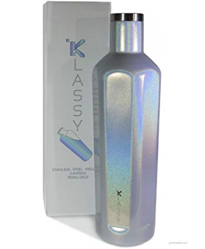 Klassy Reimagined and Stylish Hexagon Shape Wine Canteen | 25 oz 18 8 stainless steel Triple-Insulated Wine bottle | Keeps Cold up to 30 hours and hot up to 12 | Holographic Glitter Dusk Blue
