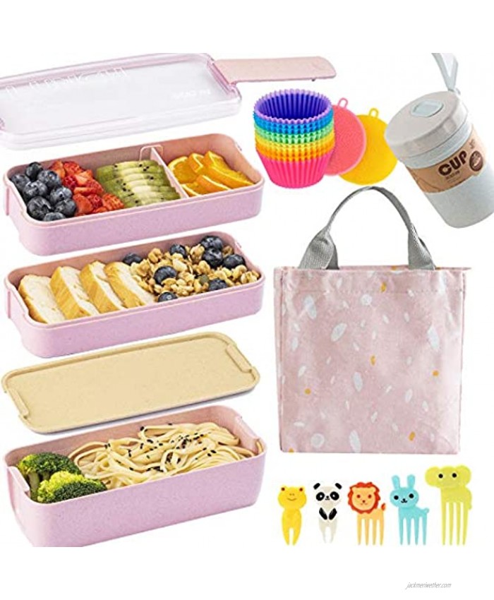 Bento Box Japanese Lunch Box Kit 16 PCS 3-In-1 Compartment Leak-proof Bento Lunch Box Meal Prep Containers with Utensils Bento Boxes for Adults Kids Pink