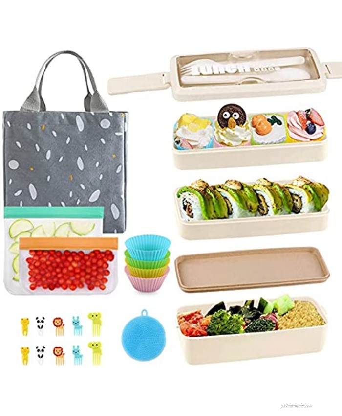 Bento Box Japanese Lunch Box Kit19 PCS 3 Layer Stackable Leakproof BPA Free Bento Boxes Set with Snack Bag Lunch Bag Cake Cups Fruit Forks Utensils Meal Prep Containers for Adult Kids