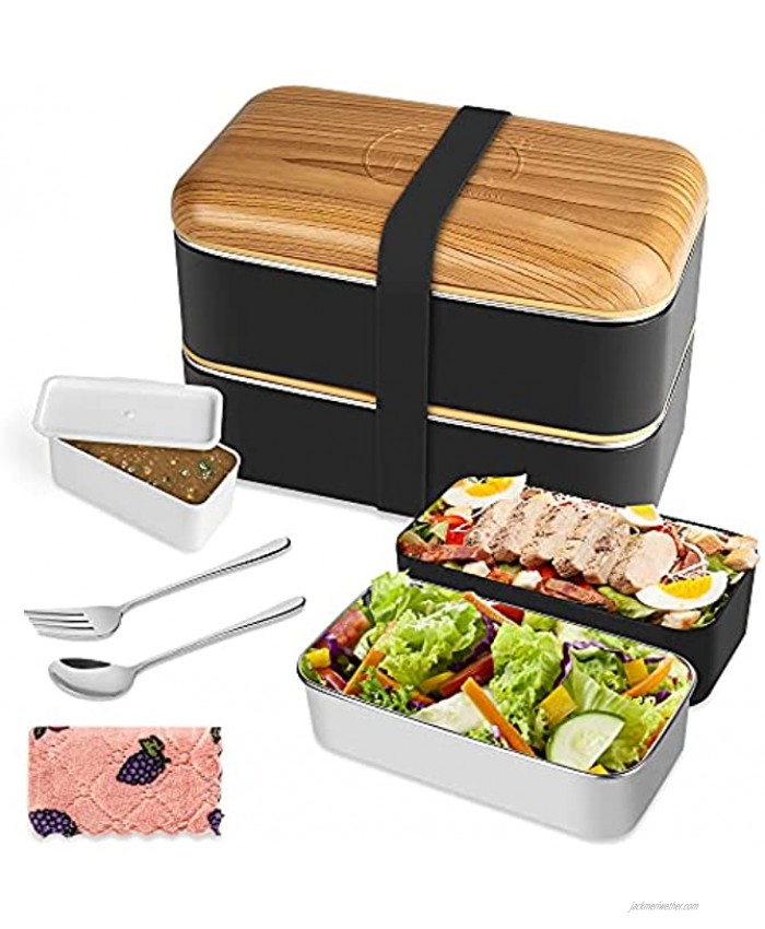 Stackable Bento Lunch Box Containers MOSFiATA All-in-One Stainless Steel Bento Box-Durable Leak Meal Prep Japanese Bento Boxes with Spoon & Fork Adult Lunch Box Containers for Men Women Kids