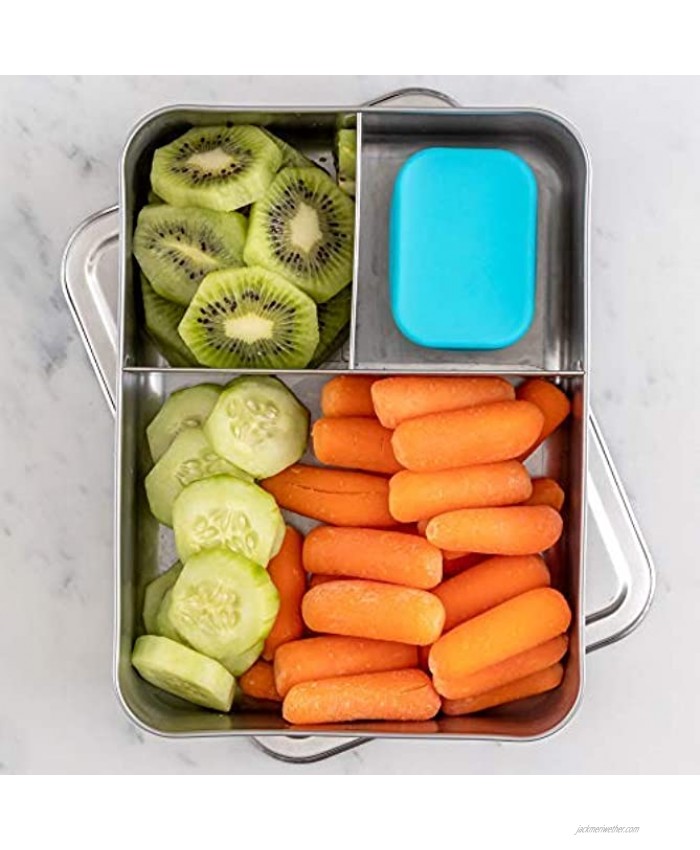 WeeSprout 18 8 Stainless Steel Bento Box Large 3 Compartment Metal Lunch Box for Kids & Adults Bonus Dip Container Fits in Lunch & Work Bags Dishwasher & Freezer Friendly