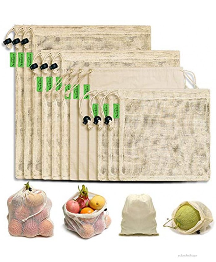 Reusable Cotton Produce Bags-Durable Organic Cotton Mesh Produce Bags ECO-Friendly Grocery Bags with Tare weight 4 Sizes 12 Packs Lightweight Machine Washable Vegetable Bags with Organizing Drawstring